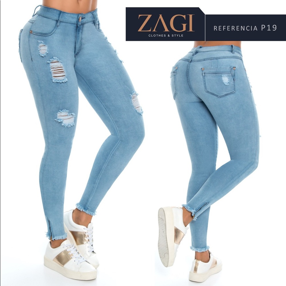 Distressed jeans.